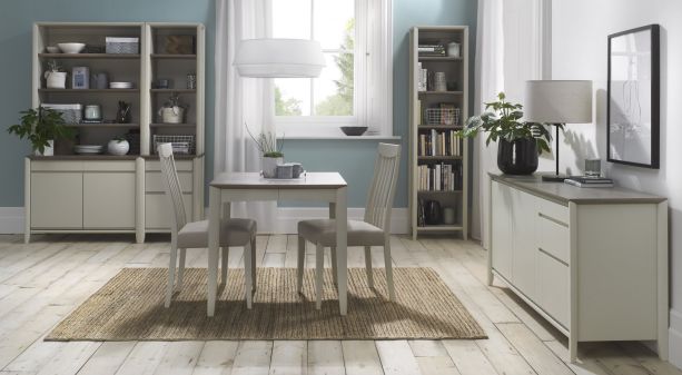 Bergen Grey Washed Oak 2-4 Seater Table & 2 Slat Back Chairs in Grey Bonded Leather by Bentley Designs | Style Our Home