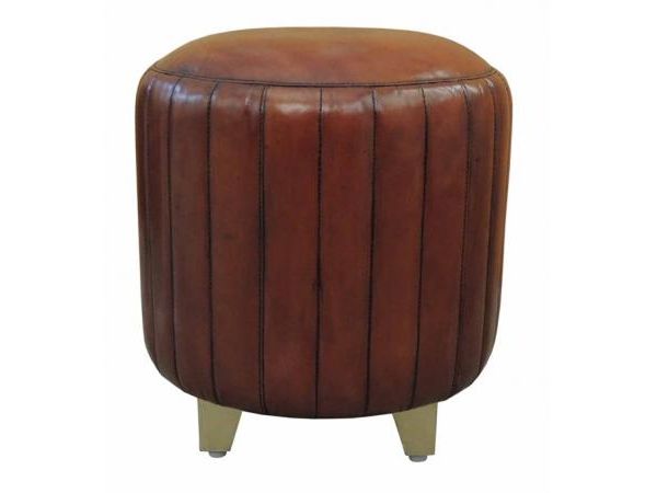 Campaign Leather Brass Ribbed Pouf - Cognac