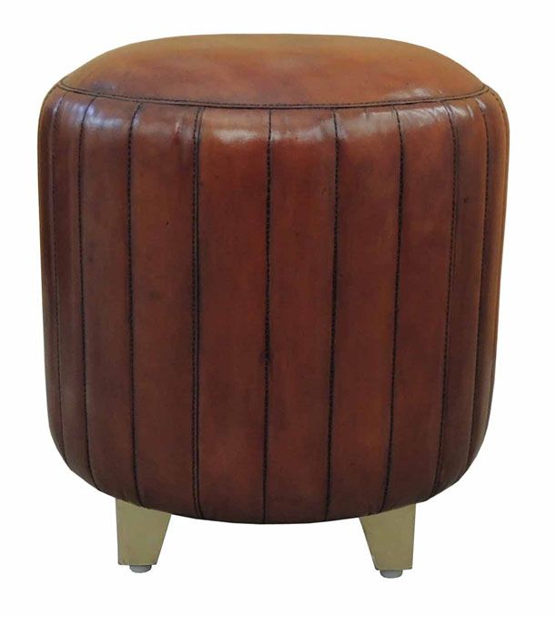 Campaign Leather Collection Brass Ribbed Pouf - Cognac | Style Our Home