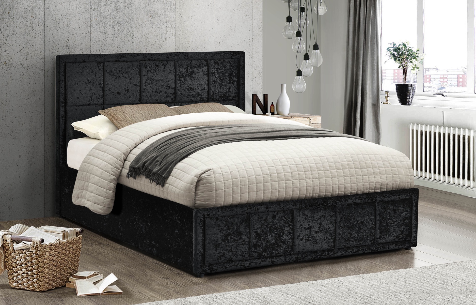 Hannover 4' Small Double Ottoman Bed in Black Crushed Velvet