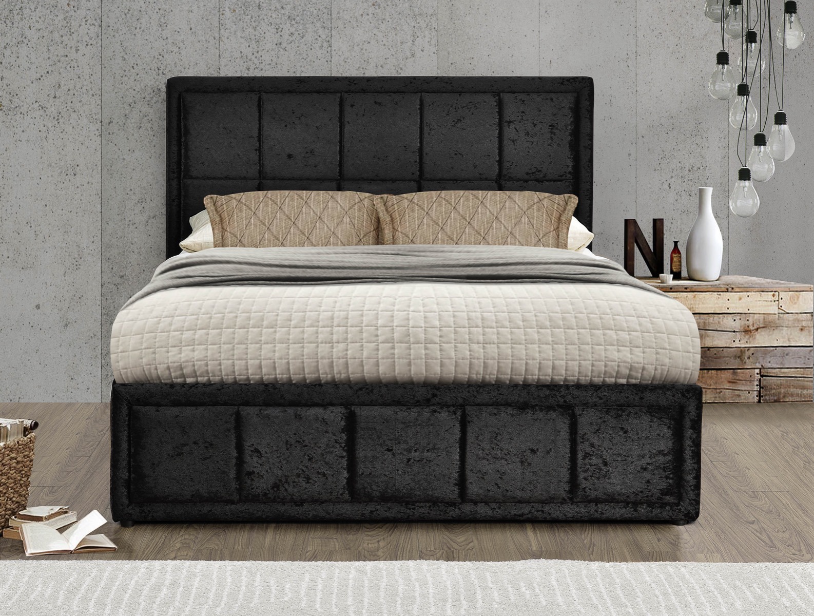 Hannover 4' Small Double Ottoman Bed in Black Crushed Velvet