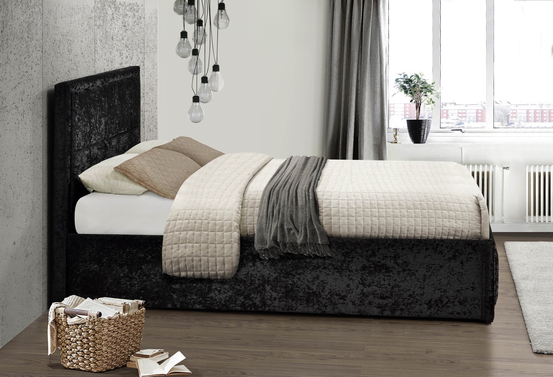 Hannover 4' Small Double Ottoman Bed in Black Crushed Velvet