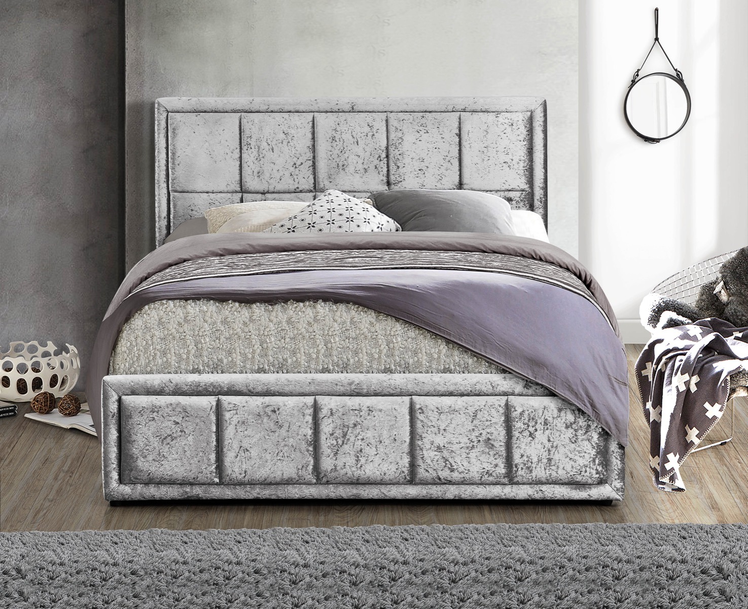 Hannover 5' Kingsize Ottoman Bed in Steel Crushed Velvet