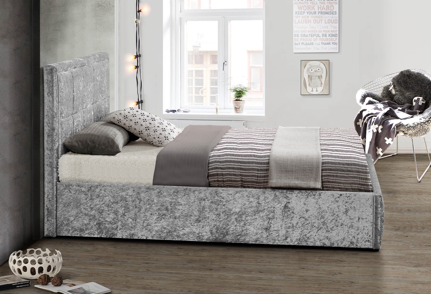 Hannover 4' Small Double Ottoman Bed in Steel Crushed Velvet