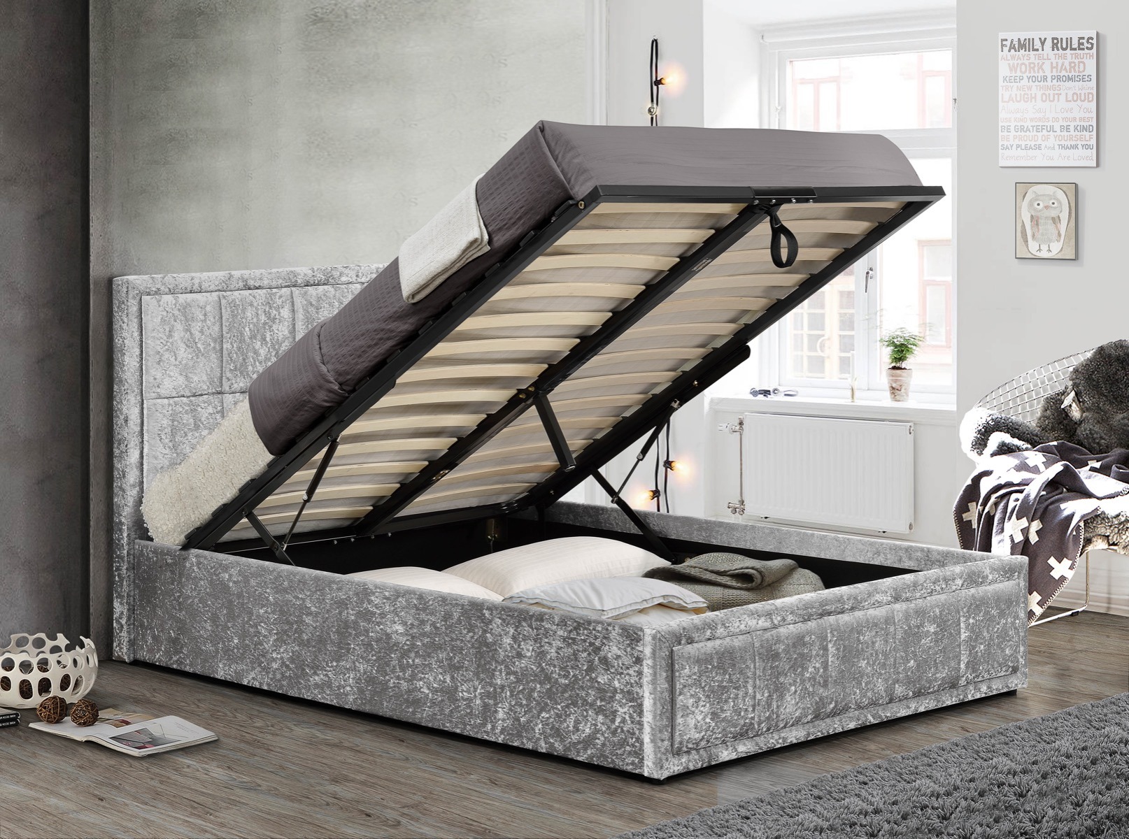 Hannover 5' Kingsize Ottoman Bed in Steel Crushed Velvet