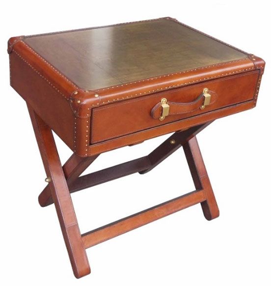 Campaign Leather Collection Brass Side Table with Brass Top - Cogn | Style Our Home
