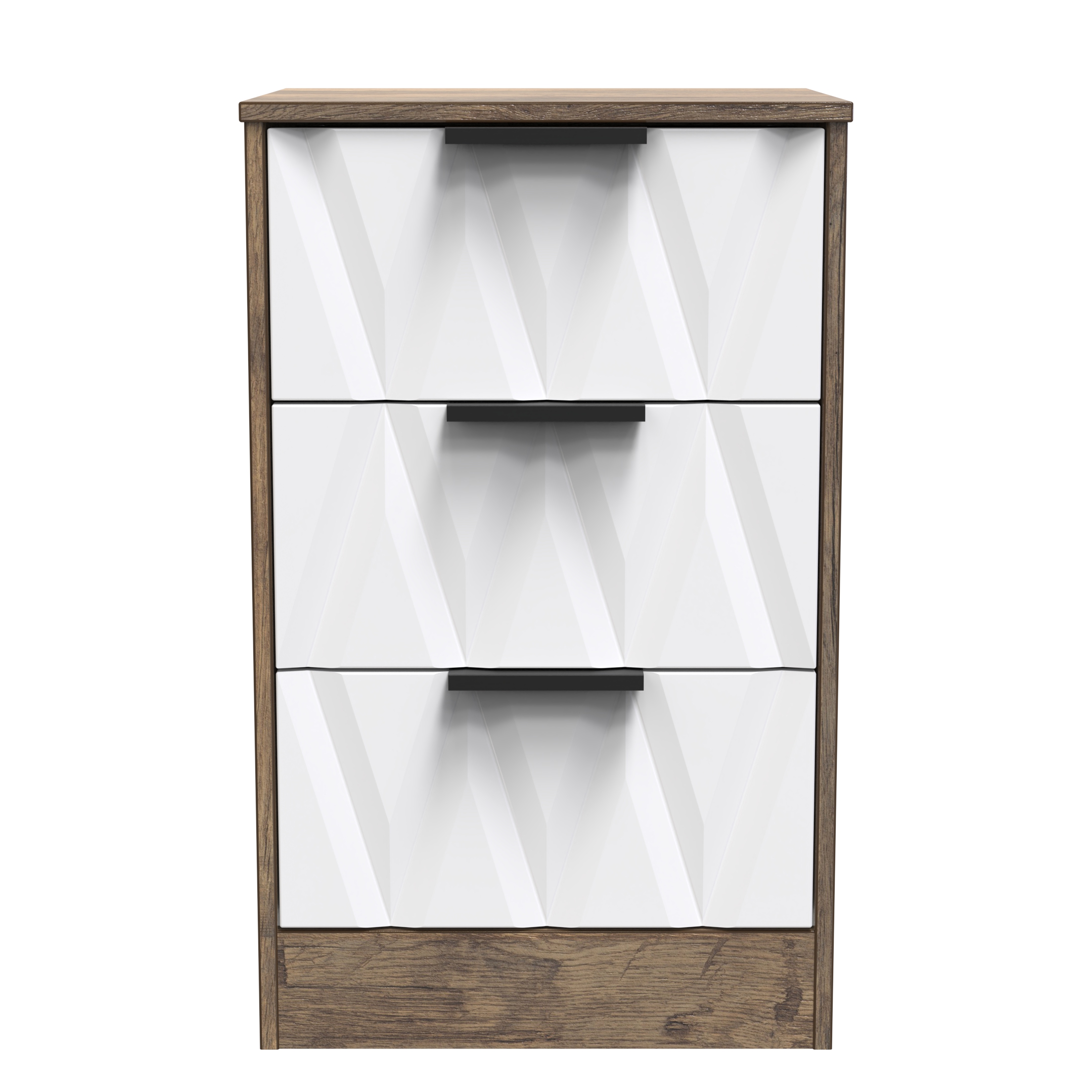 Las Vegas 3 Drawer Bedside Cabinet in White Matt & Vintage Oak by Welcome Furniture | Style Our Home