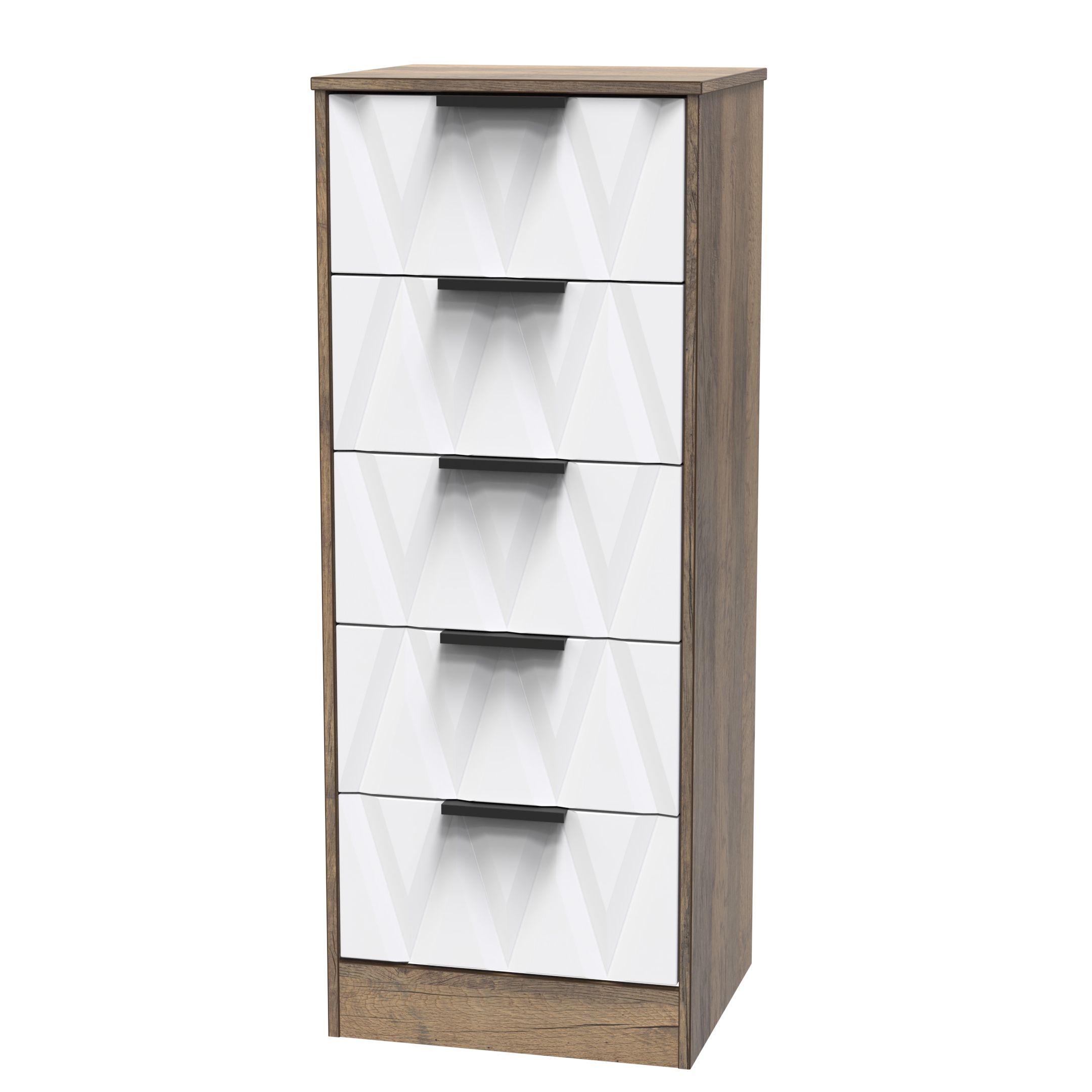 Las Vegas 5 Drawer Bedside Cabinet in White Matt & Vintage Oak by Welcome Furniture | Style Our Home