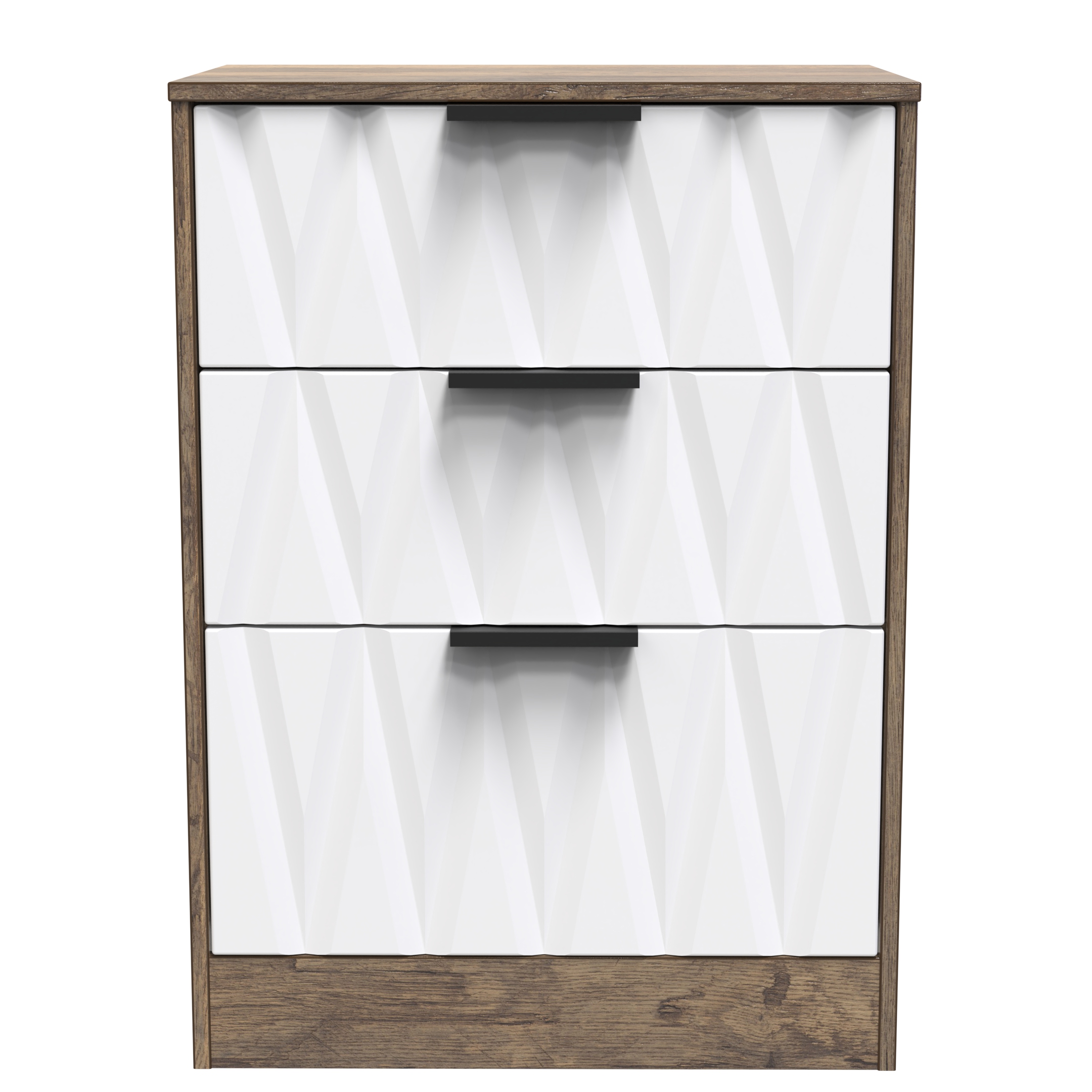Nashville-3 Drawer Bedside Cabinet in White Matt & Vintage Oak by Welcome Furniture | Style Our Home