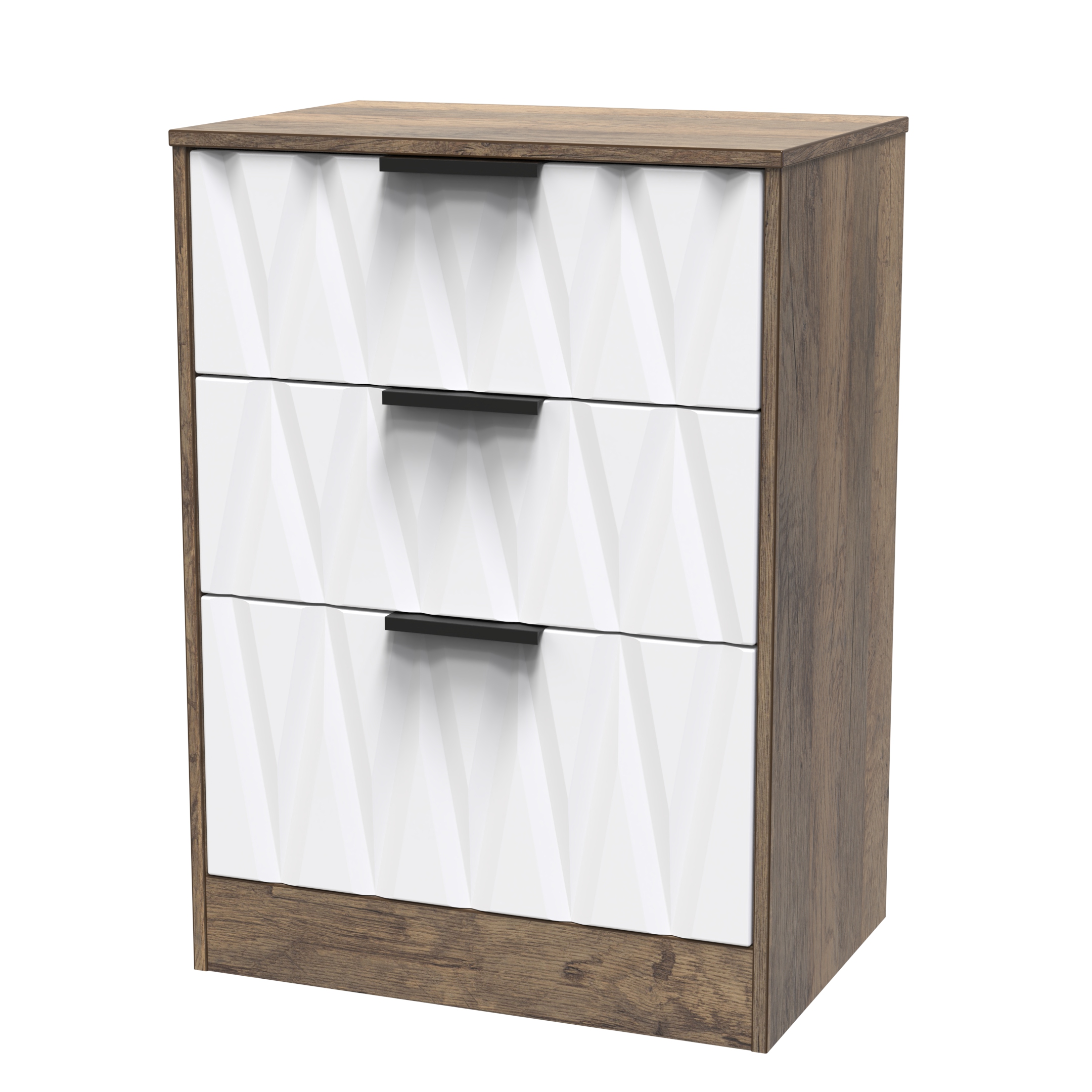Nashville-3 Drawer Bedside Cabinet in White Matt & Vintage Oak by Welcome Furniture | Style Our Home