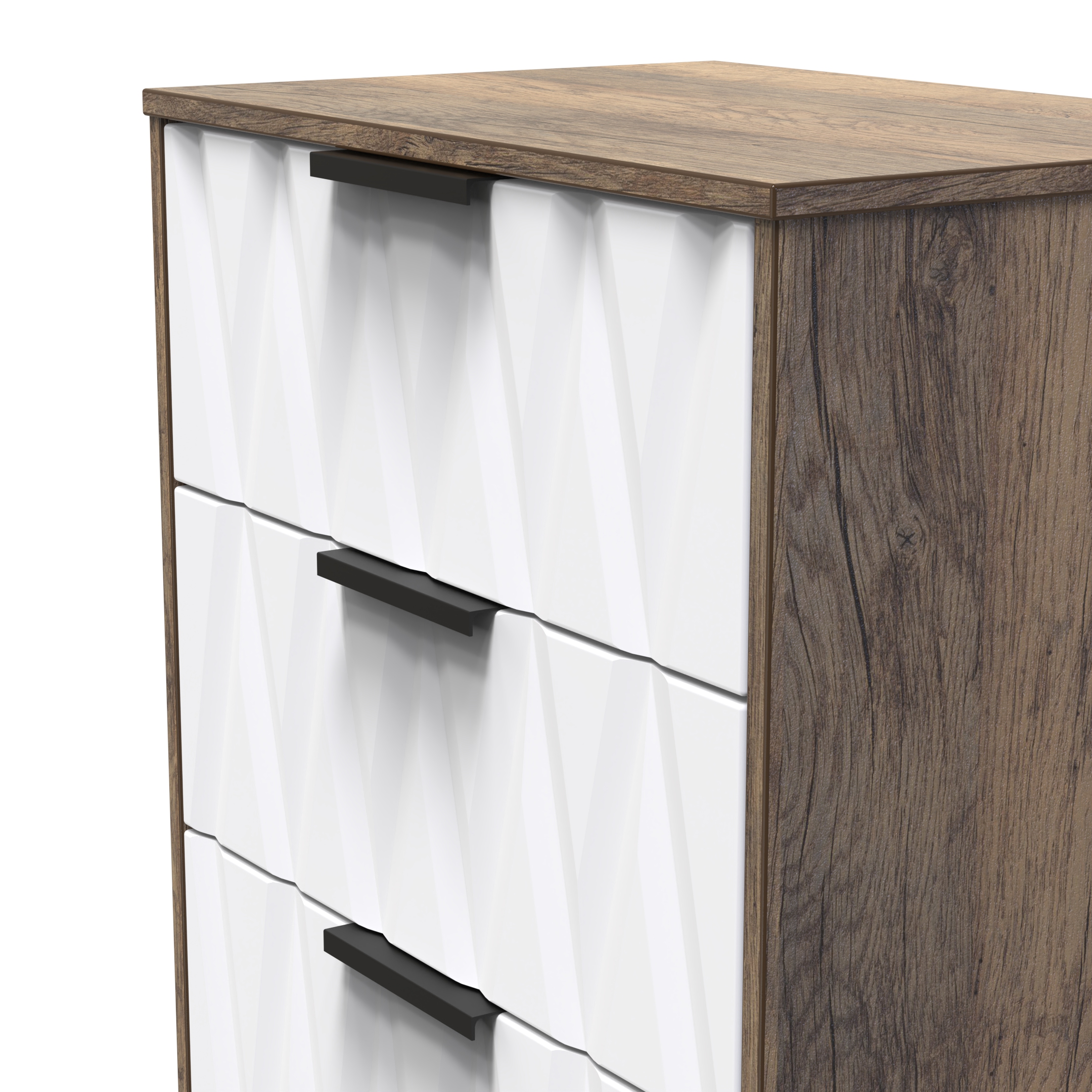 Nashville-3 Drawer Bedside Cabinet in White Matt & Vintage Oak by Welcome Furniture | Style Our Home