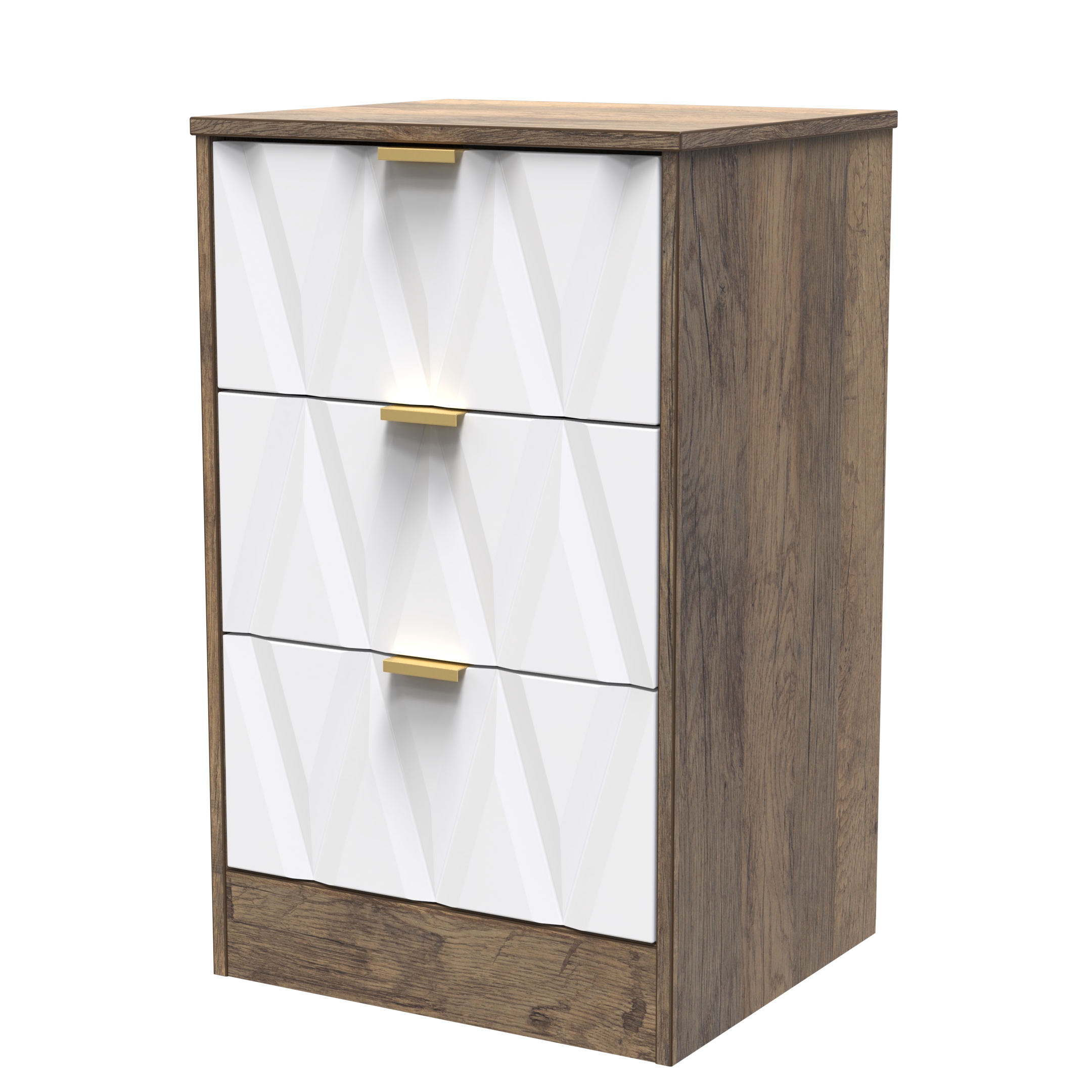Las Vegas 3 Drawer Bedside Cabinet in White Matt & Vintage Oak by Welcome Furniture | Style Our Home
