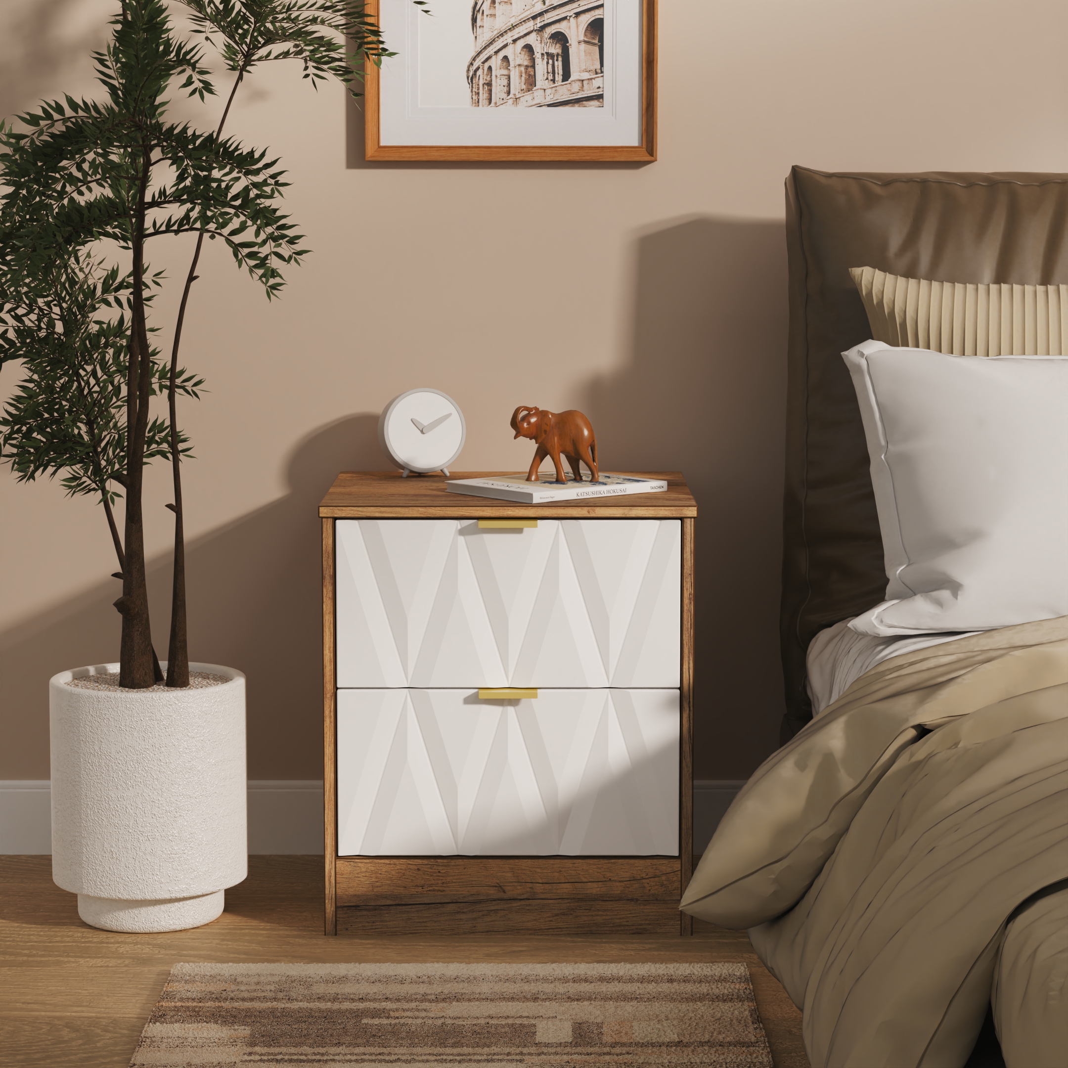 Las Vegas 2 Drawer Bedside Cabinet in White Matt & Vintage Oak