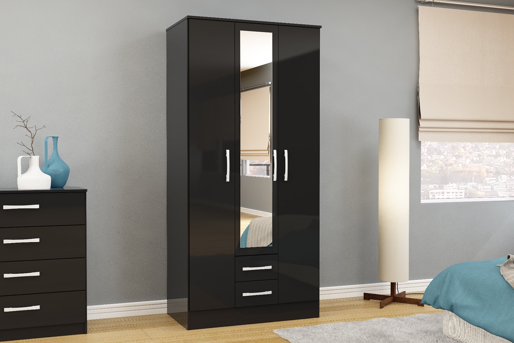 Lynx Black 3 Door 2 Drawer Wardrobe With Mirror 