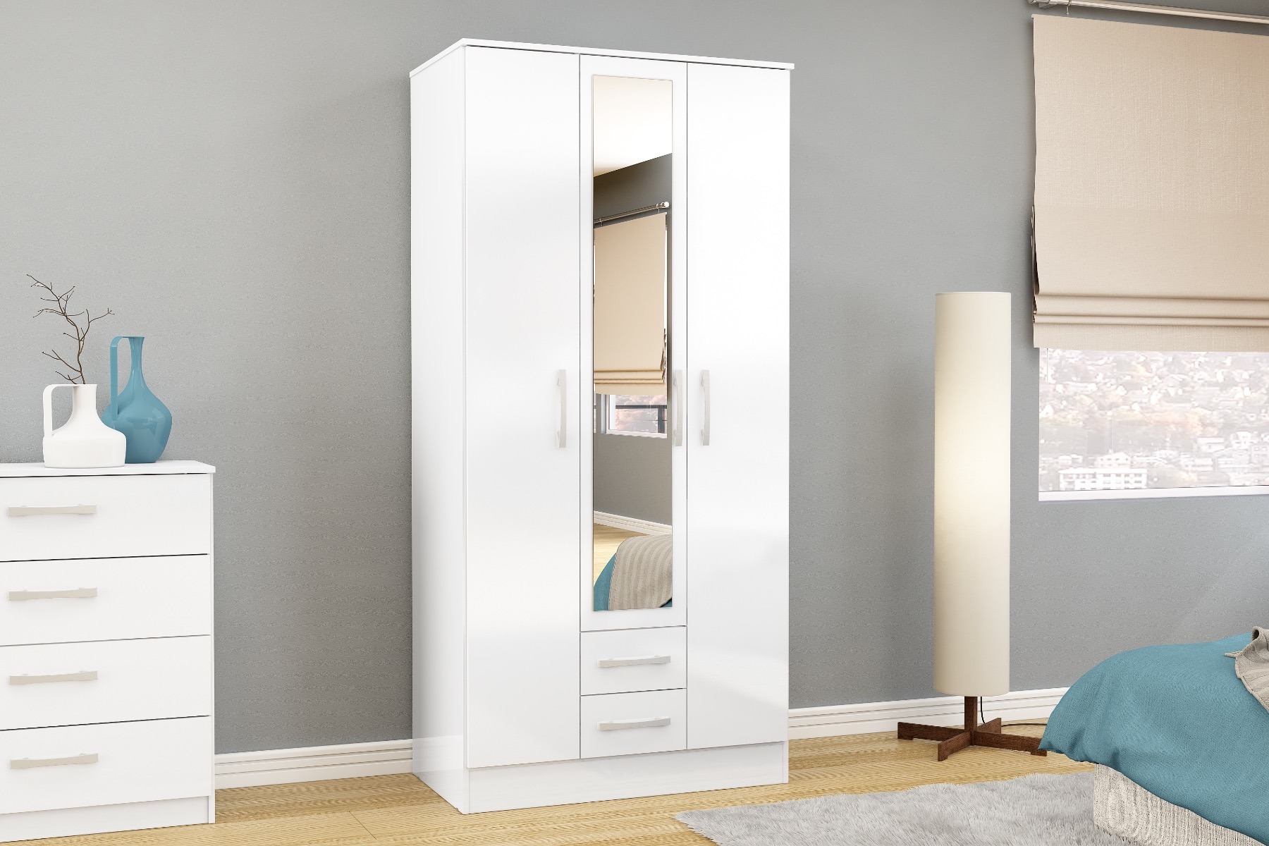 Lynx White 3 Door 2 Drawer Wardrobe With Mirror