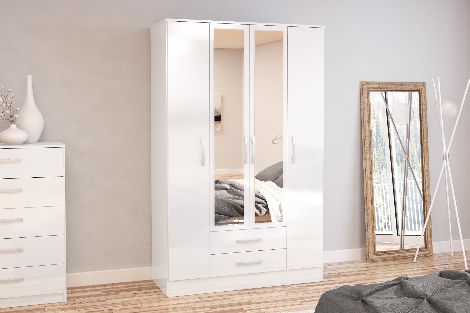 Lynx White 4 Door 2 Drawer Wardrobe With Mirror