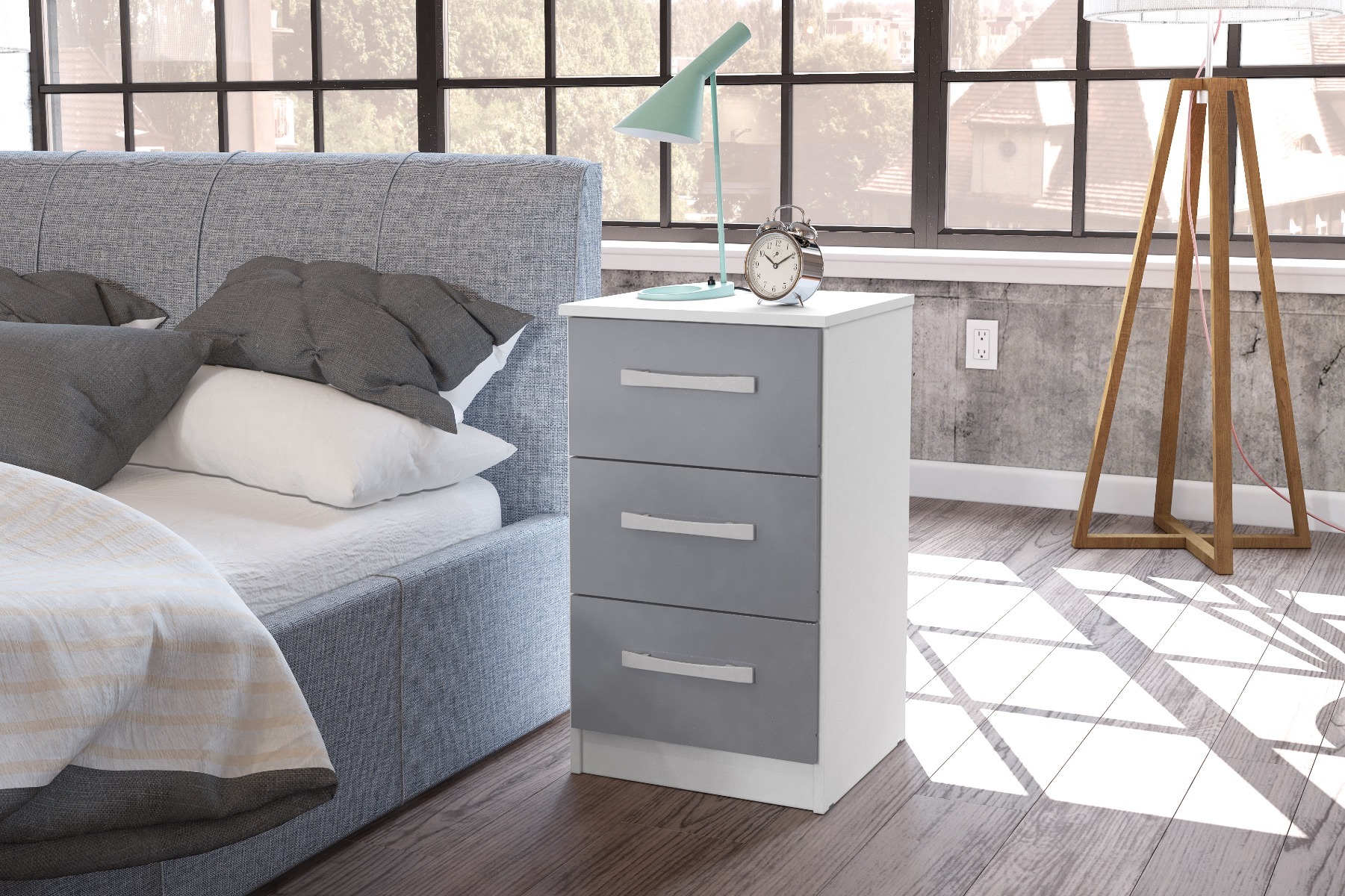 Lynx White Grey 3 Drawer Bedside
