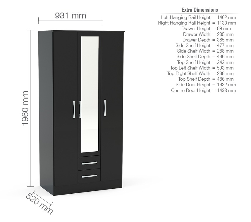 Lynx Black 3 Door 2 Drawer Wardrobe With Mirror 