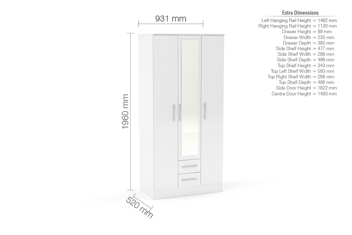 Lynx White 3 Door 2 Drawer Wardrobe With Mirror