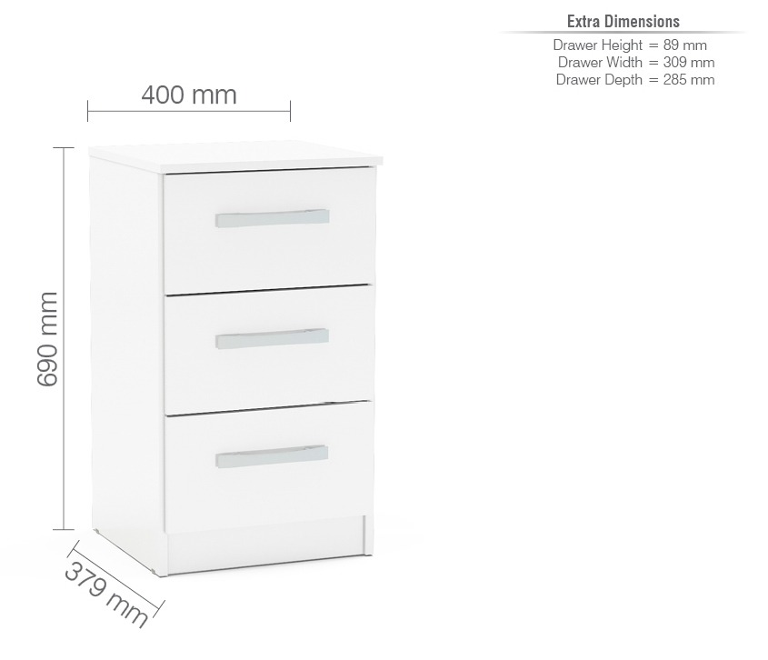 Lynx White 3 Drawer Bedside