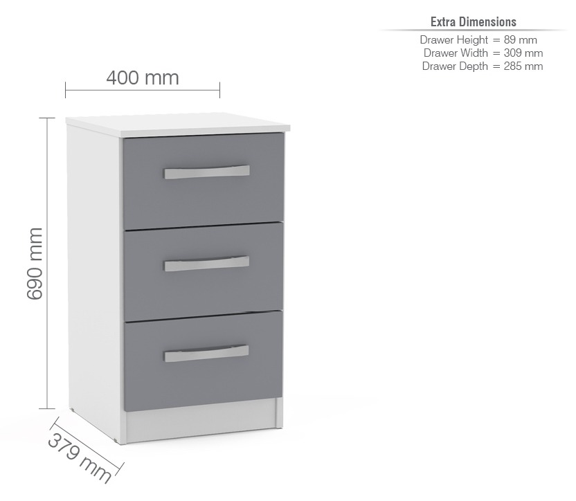Lynx White Grey 3 Drawer Bedside