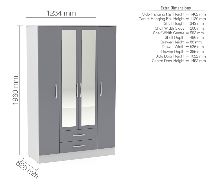 Lynx White Grey 4 Door 2 Drawer Wardrobe With Mirror