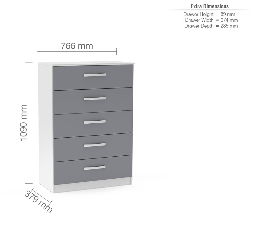 Lynx White Grey 5 Drawer Chest