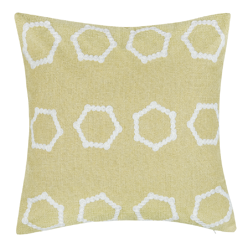 Embroidered Hexagons On Faux Linen Acid Green by Malini | Style Our Home
