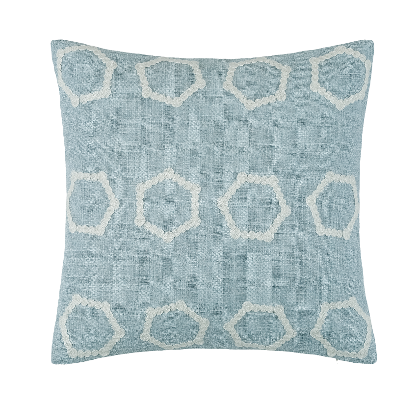 Embroidered Hexagons On Faux Linen Baby Blue by Malini | Style Our Home