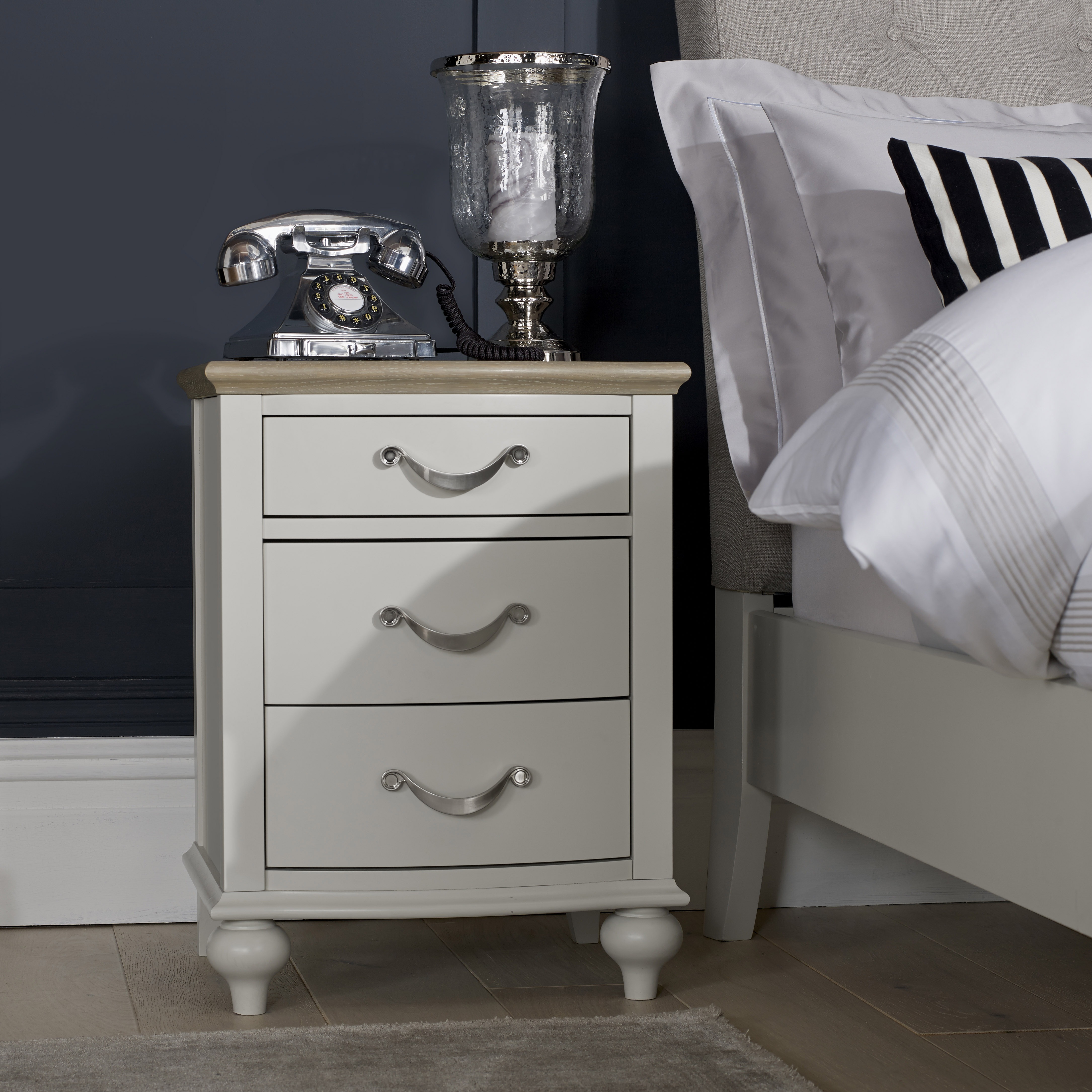 Montreux Soft Grey & Washed Oak 3 Drawer Nightstand - Style Our Home