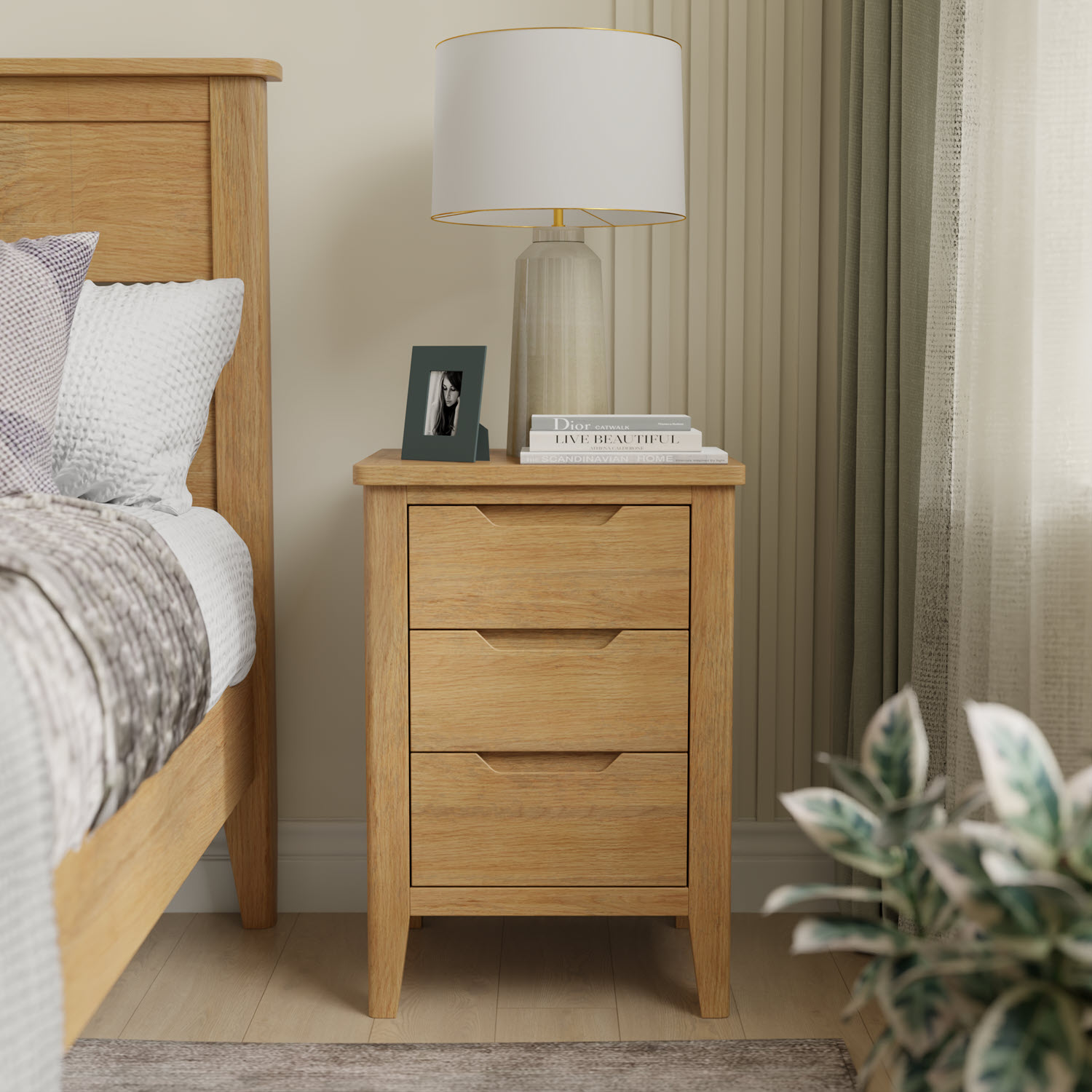 Velsta Oak 3 Drawer Bedside by Hertiance Furniture | Style Our Home