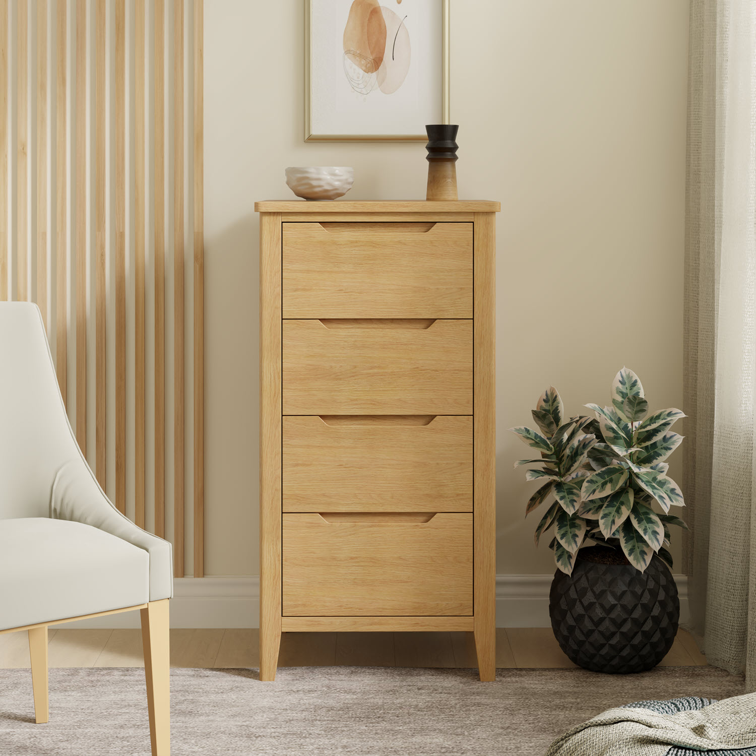 Velsta Oak 4 Drawer Tall Chest by Hertiance Furniture | Style Our Home