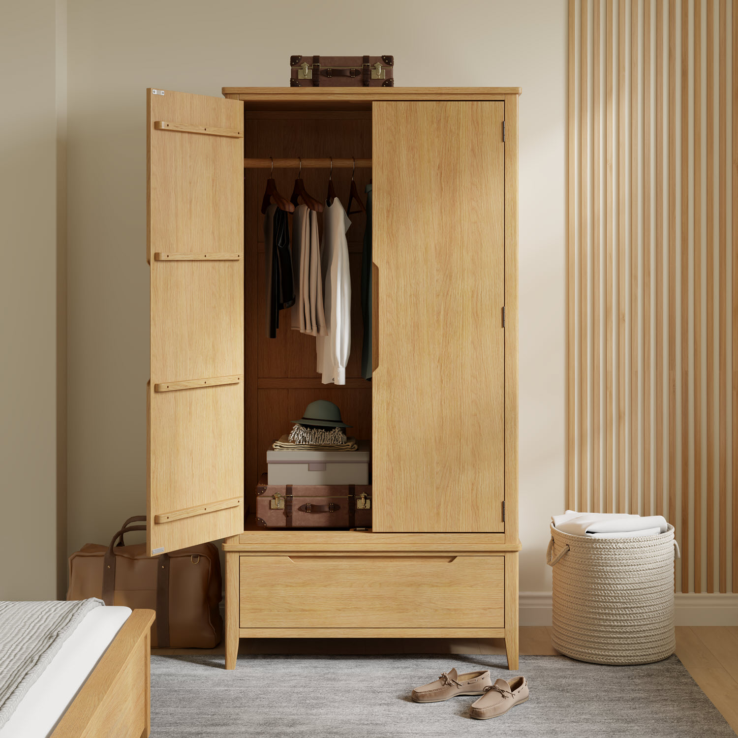 Velsta Oak Double Wardrobe With Drawer by Hertiance Furniture | Style Our Home