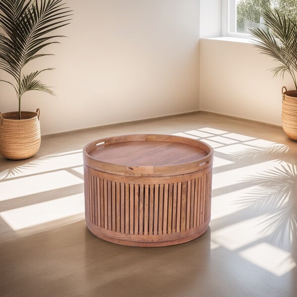 Round Tray-Top Coffee Table With Slatted Base by Indus Valley