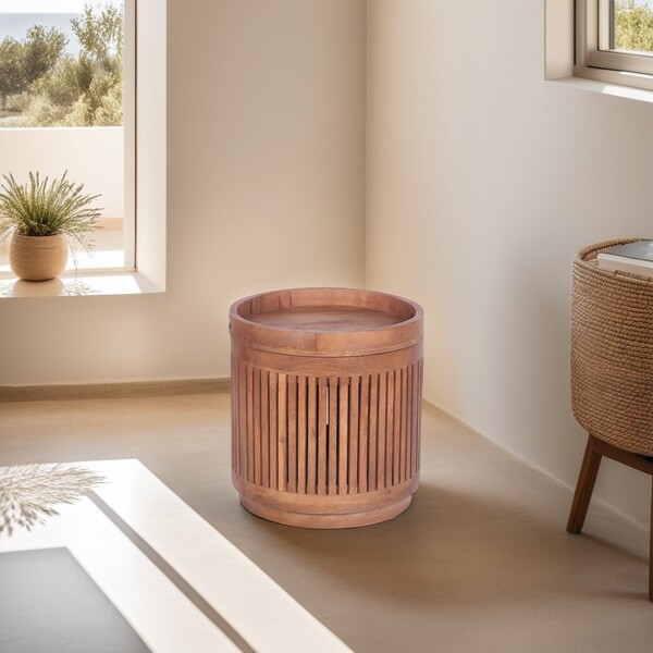 Round Side Table With Sculpted Cylinder Base by Indus Valley