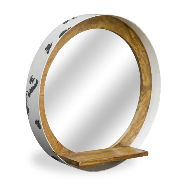 Distressed White Recycled Drum Round Mirror w shelf by Monologue | Style Our Home