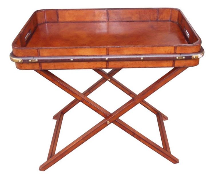 Campaign Leather Collection Brass Butlet Tray with Stand - Cognac | Style Our Home