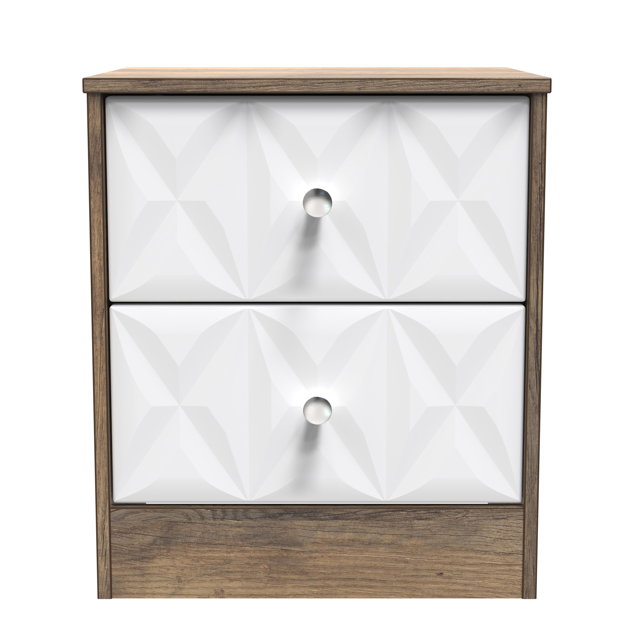 San Jose 2 Drawer Bedside Cabinet in White Matt, Vintage Oak