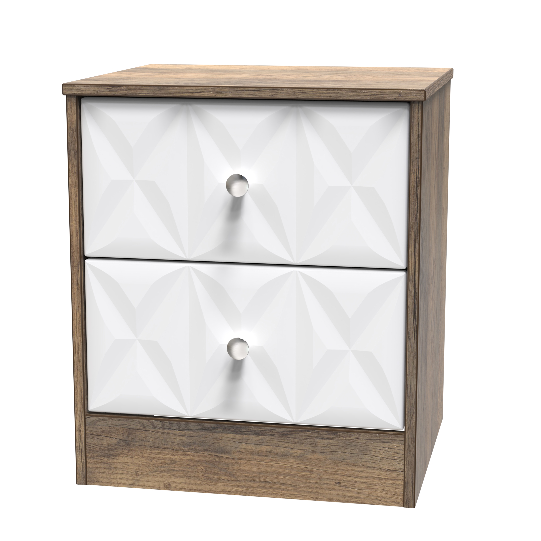 San Jose 2 Drawer Bedside Cabinet in White Matt, Vintage Oak