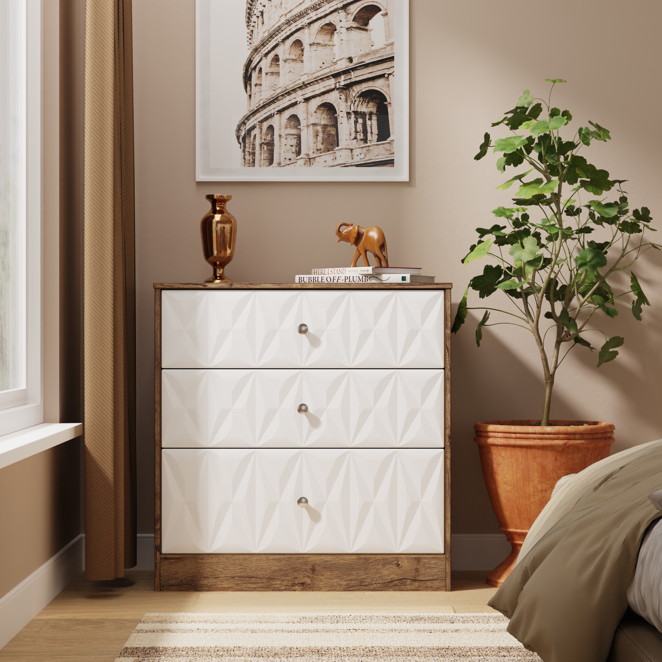 San Jose 3 Drawer Deep Chest in White Matt & Vintage Oak