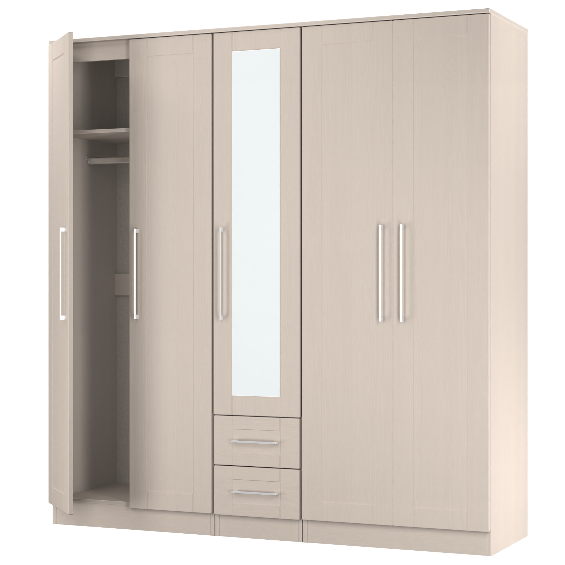 York Tall 5 Door Plain + 2 Drawer Mirrored Wardrobe in Kashmir Ash